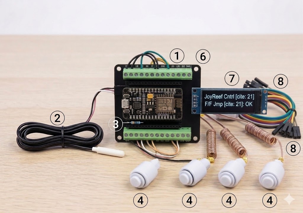 Componenti del setup base disposti insieme: NodeMCU, sonda DS18B20, display OLED, galleggianti, basetta e cavetti