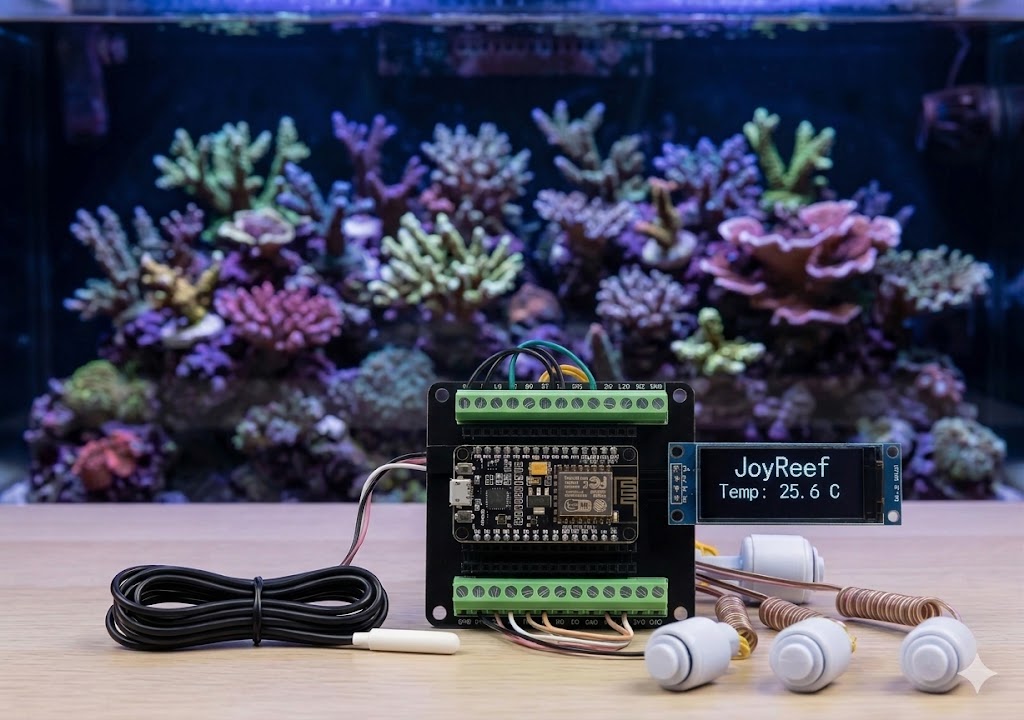 Controller JoyReef assemblato e in funzione: NodeMCU, sonda di temperatura e display acceso davanti alla vasca