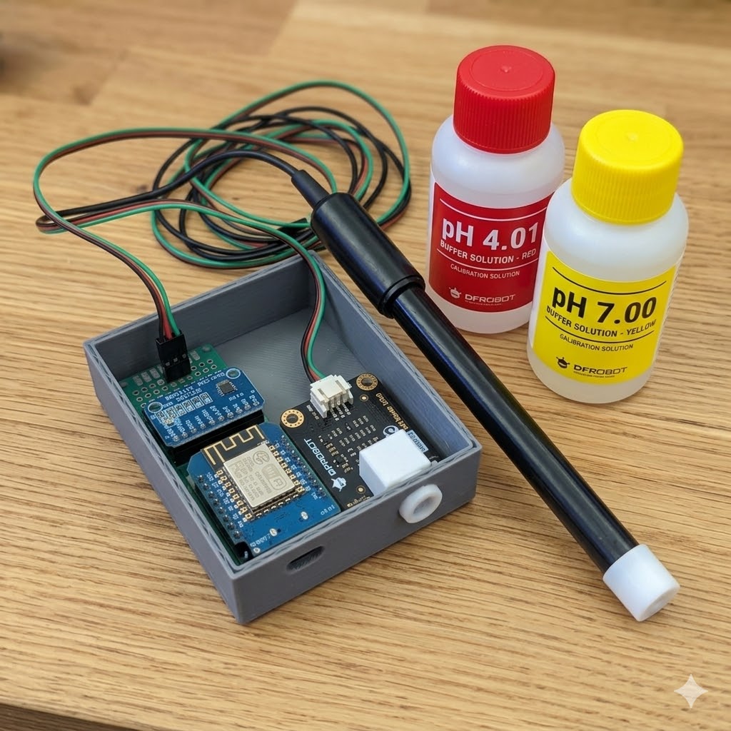 Device pH dedicato: board ESP con modulo ADS1115, sonda pH DFRobot e i buffer di calibrazione 4.01 e 7.00