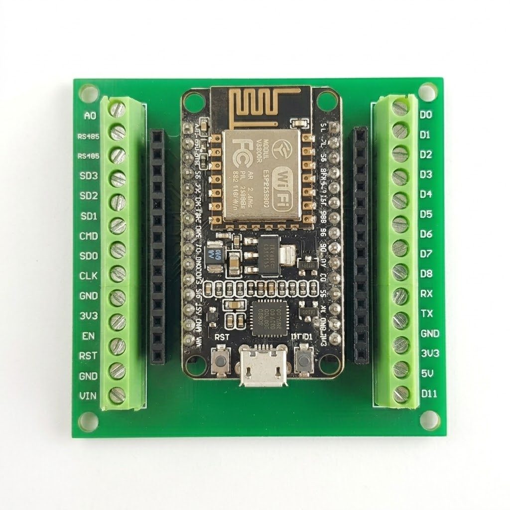 Basetta screw shield vista dall'alto con il NodeMCU inserito al centro e i morsetti a vite numerati tutto intorno