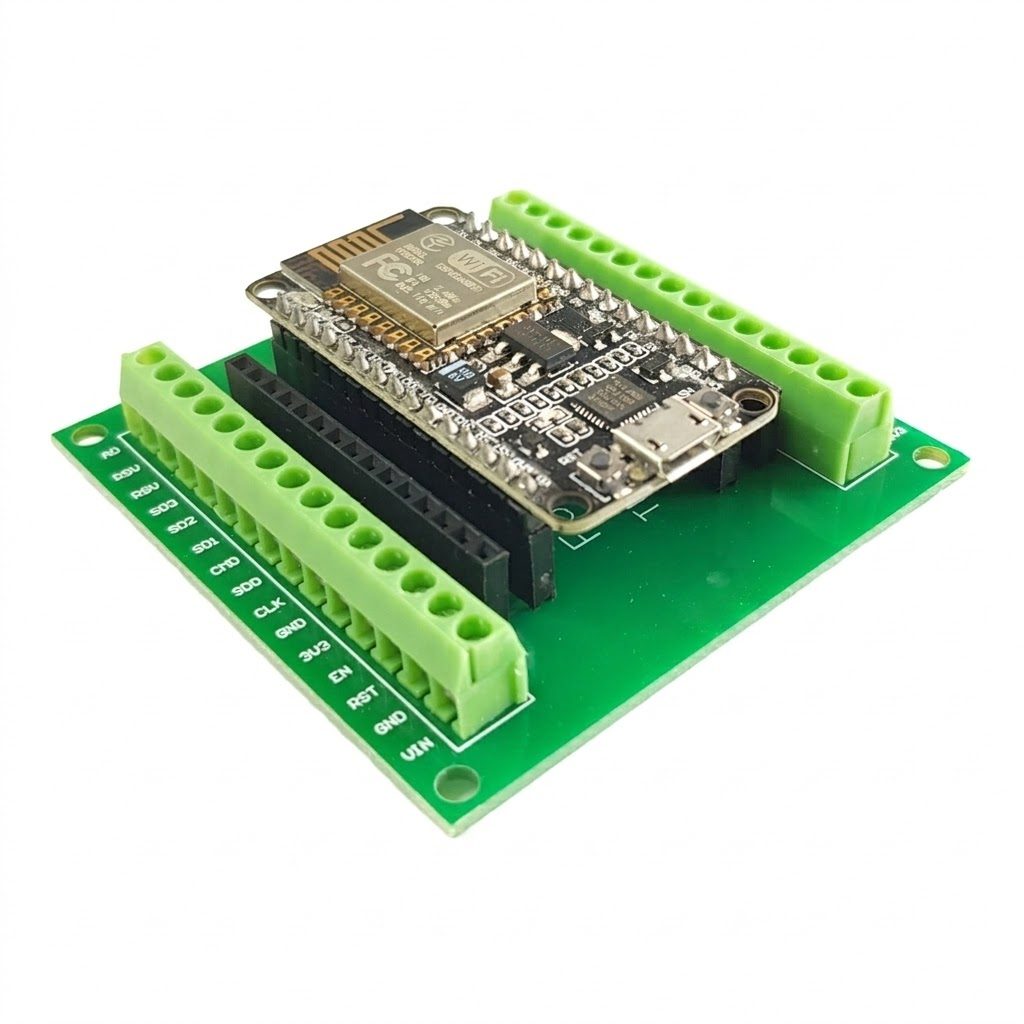 NodeMCU appena inserito sulla basetta, con la presa USB allineata al bordo della basetta