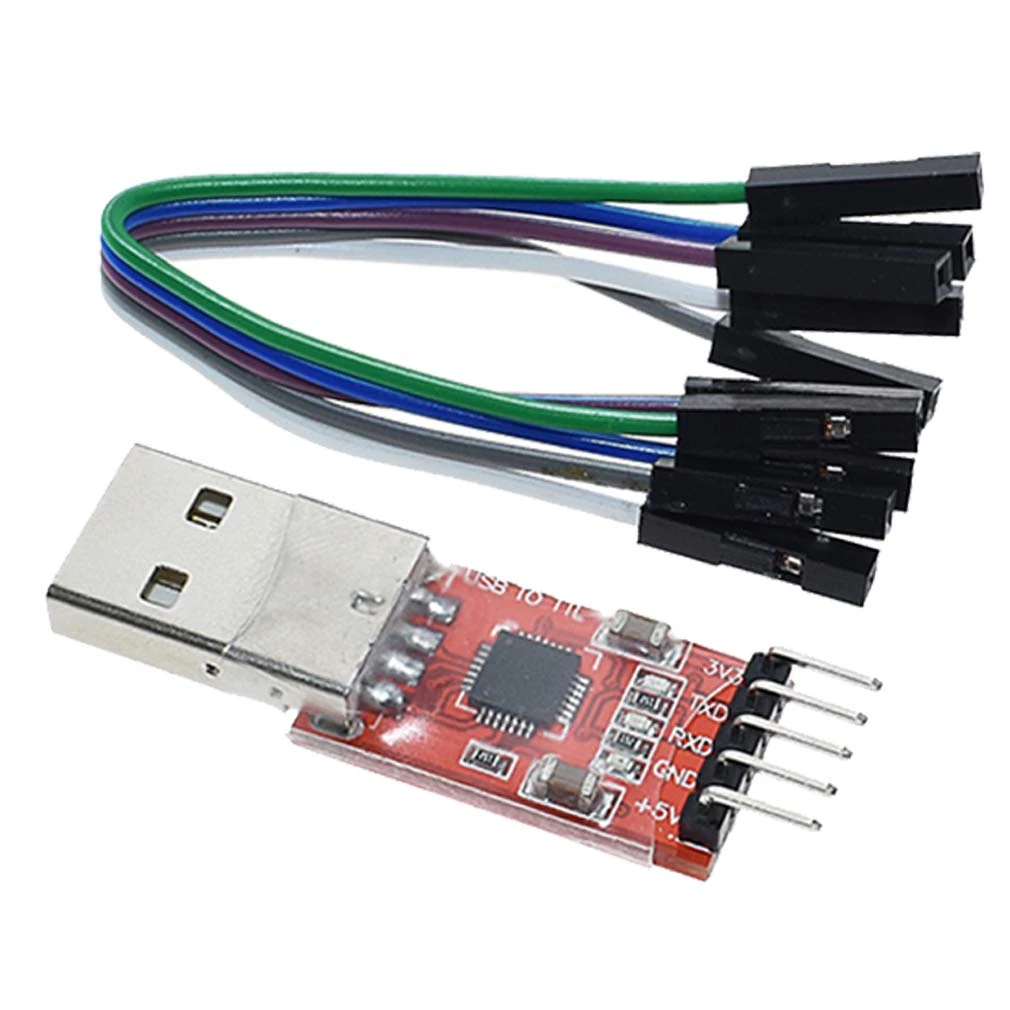 Adattatore CP2102 con i pin 3V3, TXD, RXD, GND e +5V e i cavetti dupont inclusi