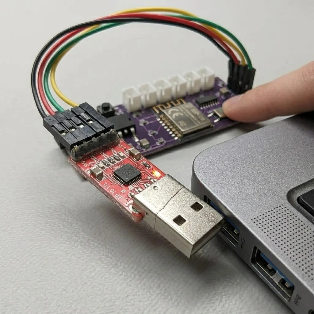 La sequenza: il dito tiene premuto il bottone PROGRAM mentre l'adattatore CP2102 entra nella porta USB del PC