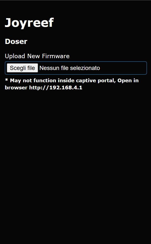 Pagina di upload del firmware: campo per selezionare il file .bin della Dosometrica