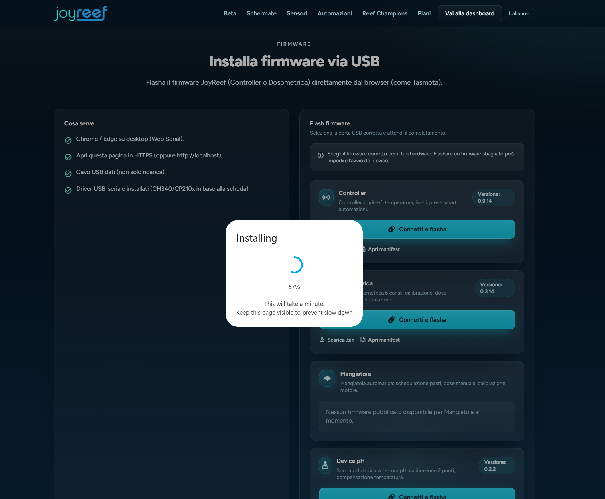 Flashing in progress: firmware install tool at 57%